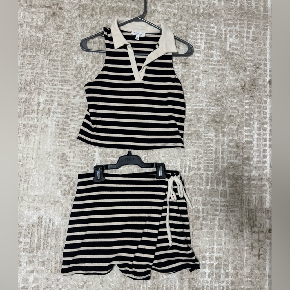 Striped Black and White Sleeveless Top and Shorts Set